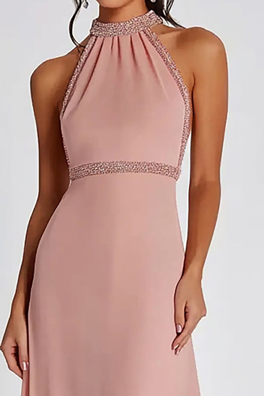 Halter Neck Pink Beaded Long Formal Dress