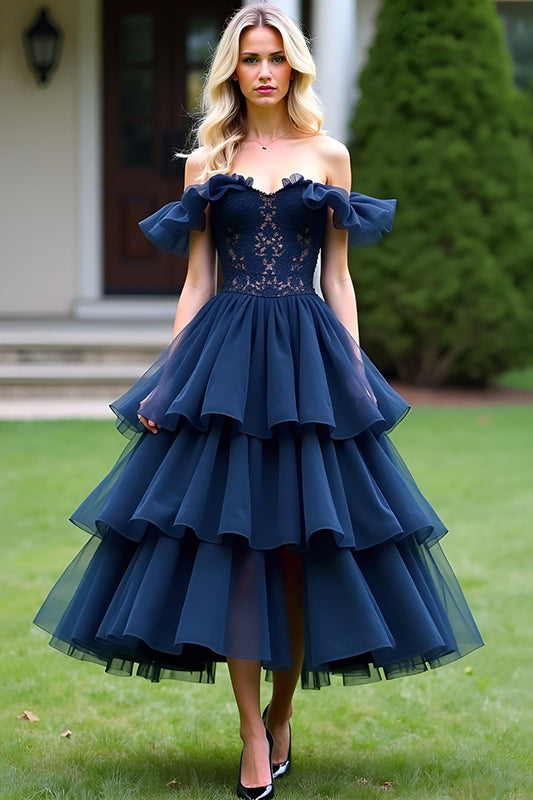 Lace Tulle Navy A Line Tea-Length Formal Dress with Ruffles