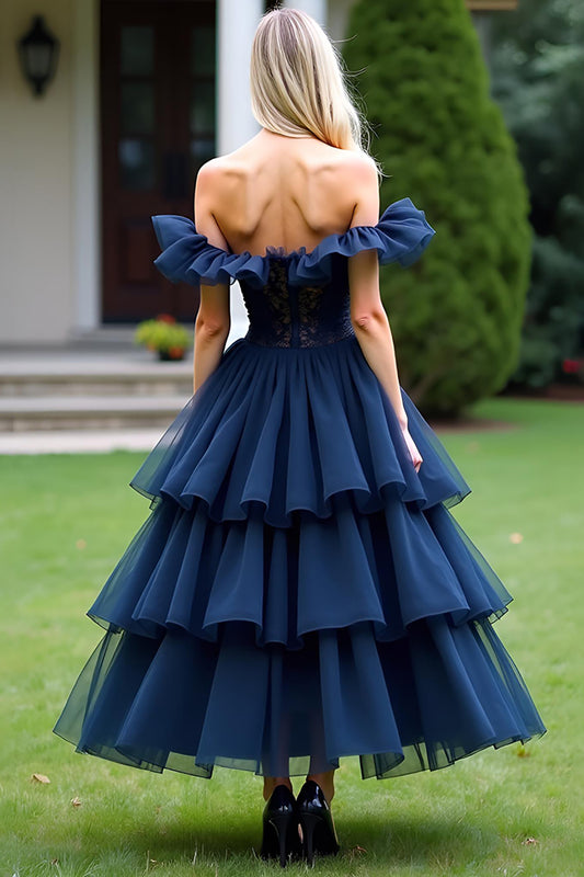 Lace Tulle Navy A Line Tea-Length Formal Dress with Ruffles