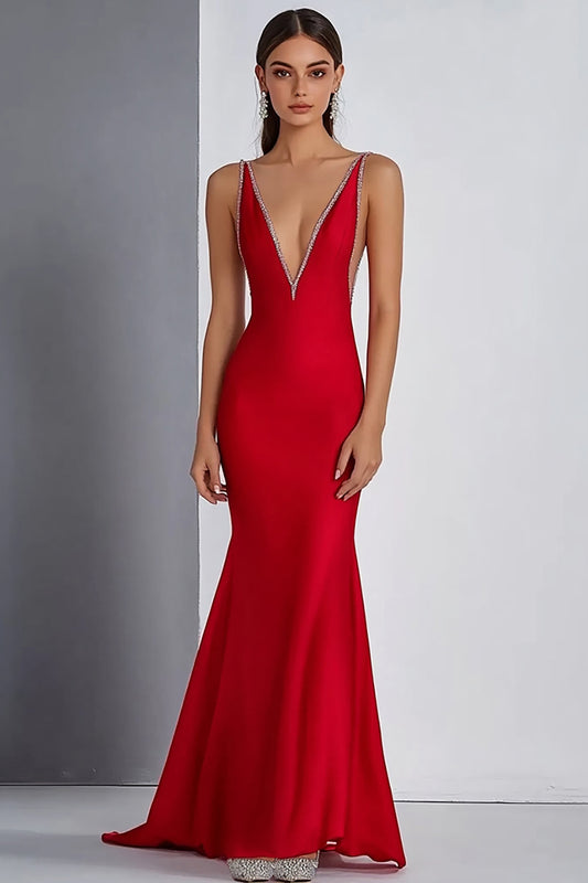 Sheath Deep V-Neck Red Long Formal Dress with Beading