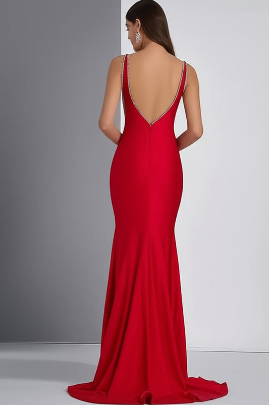 Sheath Deep V-Neck Red Long Formal Dress with Beading