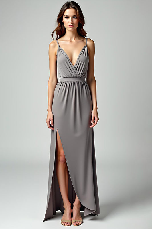 Grey Spaghetti Straps Sheath Long Formal Dress with Slit