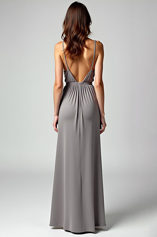 Grey Spaghetti Straps Sheath Long Formal Dress with Slit