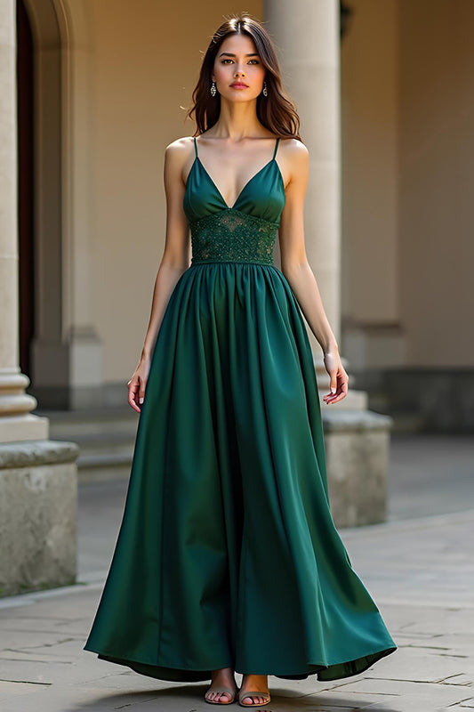 A Line Dark Green Satin Backless Long Formal Dress