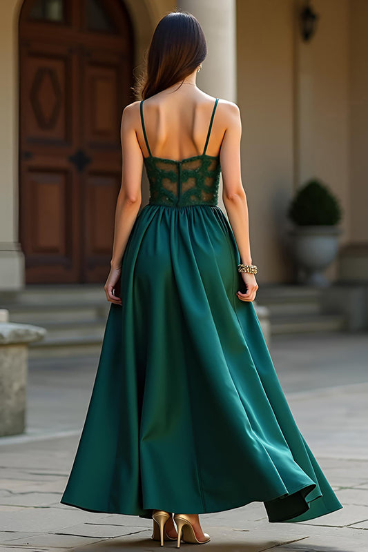 A Line Dark Green Satin Backless Long Formal Dress