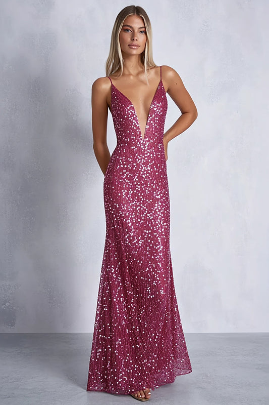 Sparkly Sheath Fuchsia Deep V-Neck Long Formal Dress