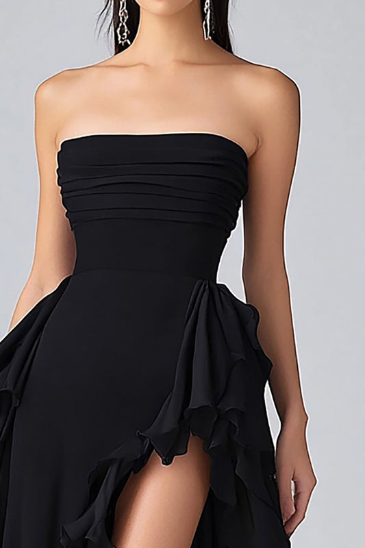Tiered Long Black Strapless Chiffon Formal Dress with Slit