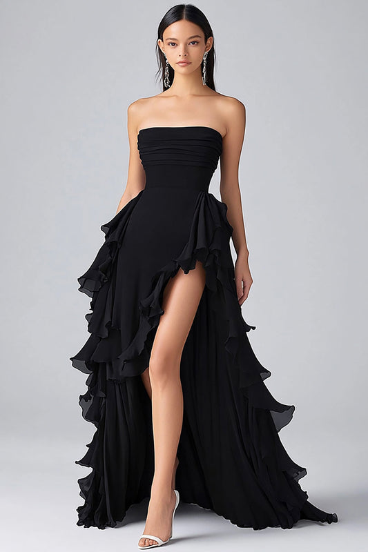 ZAPAKA Strapless Long Black Chiffon Formal Dress with Slit Tiered Prom Dress Ruffled Black Tie Dress
