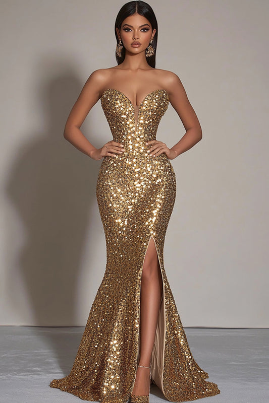 Sparkly Gold Mermaid Long Sequins Strapless Formal Dress with Slit Sweetheart Party Dress