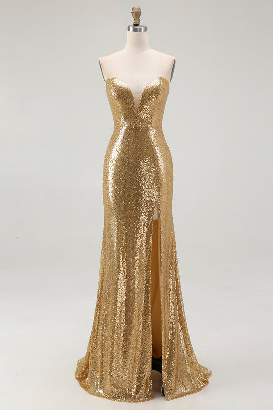 Sparkly Gold Sequin Sweetheart Mermaid Long Formal Dress with Slit