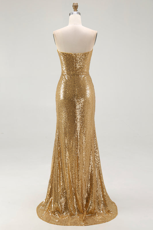 Sparkly Gold Sequin Sweetheart Mermaid Long Formal Dress with Slit