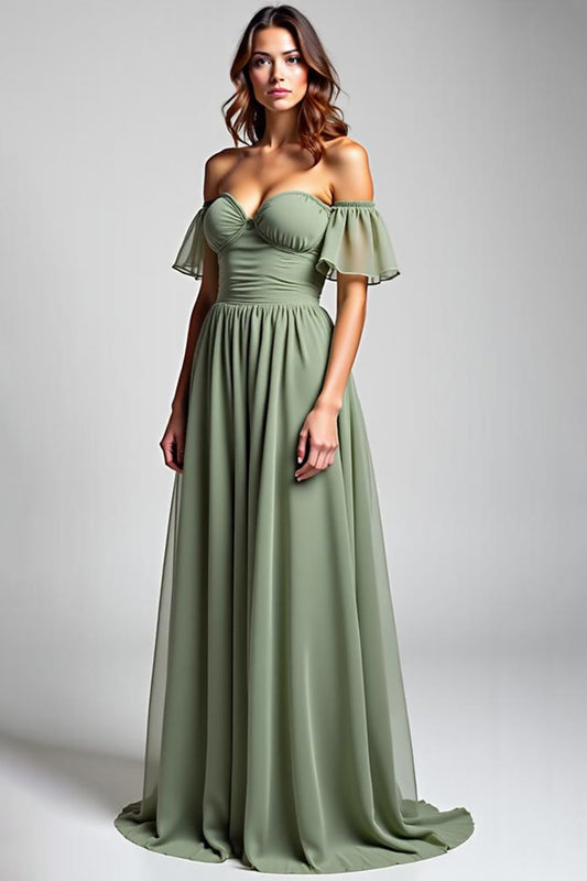 A Line Dusty Sage Off the Shoulder Long Chiffon Formal Dress