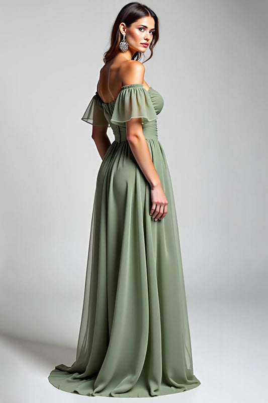 A Line Dusty Sage Off the Shoulder Long Chiffon Formal Dress