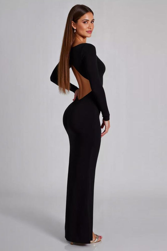 Black Long Sheath Cut Out Jersey Formal Dress with Sleeves