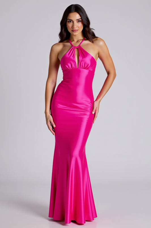Halter Fuchsia Mermaid Satin Cut Out Long Formal Dress