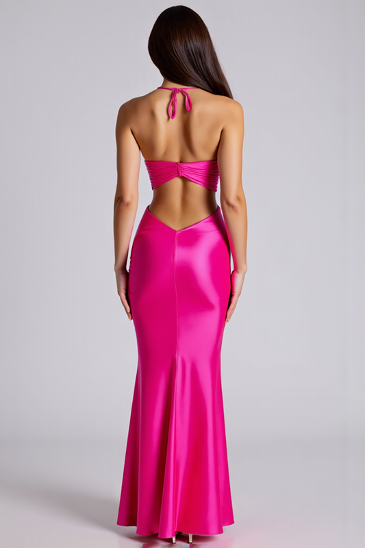 Halter Fuchsia Mermaid Satin Cut Out Long Formal Dress