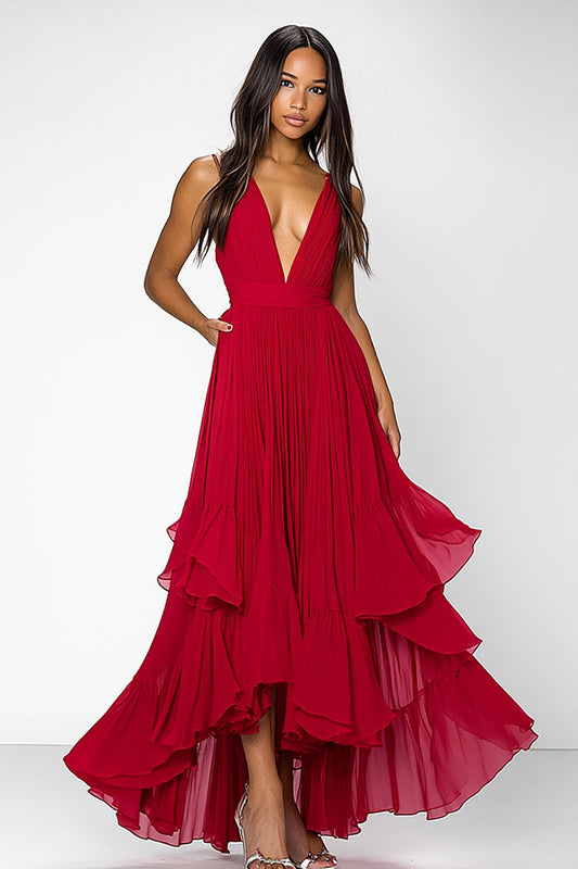 A Line Red Deep V-Neck Ruffled Long Formal Dress