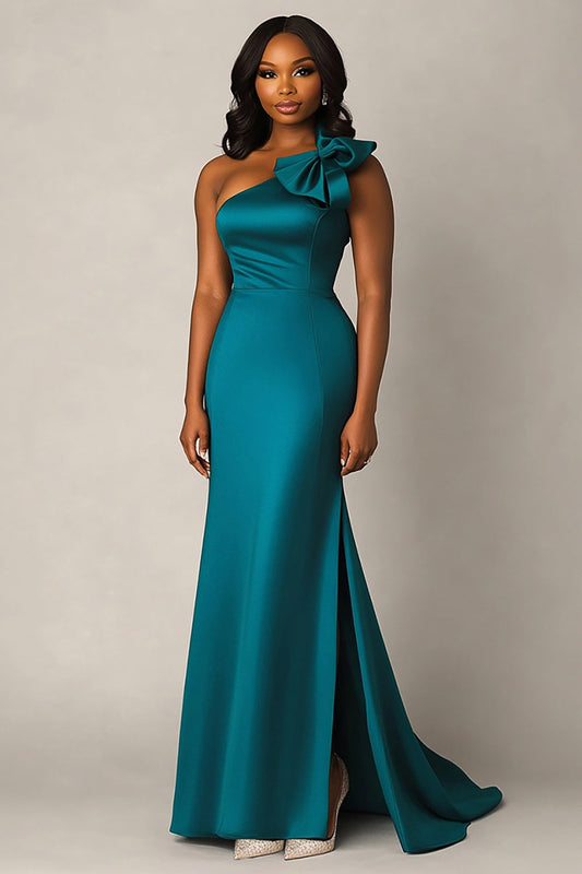 One Shoulder Peacock Sheath Long Formal Dress with Bowknot