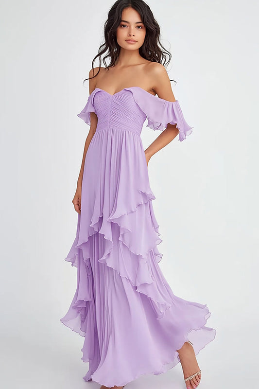 Lilac Off the Shoulder Long Formal Dress with Ruffles Chiffon Tiered Ruched Party Dress