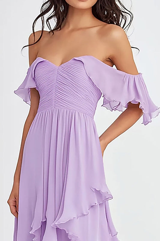 Lilac Off the Shoulder Chiffon Long Formal Dress with Ruffles