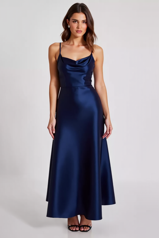 Sheath Navy Satin Spaghetti Straps Long Formal Dress