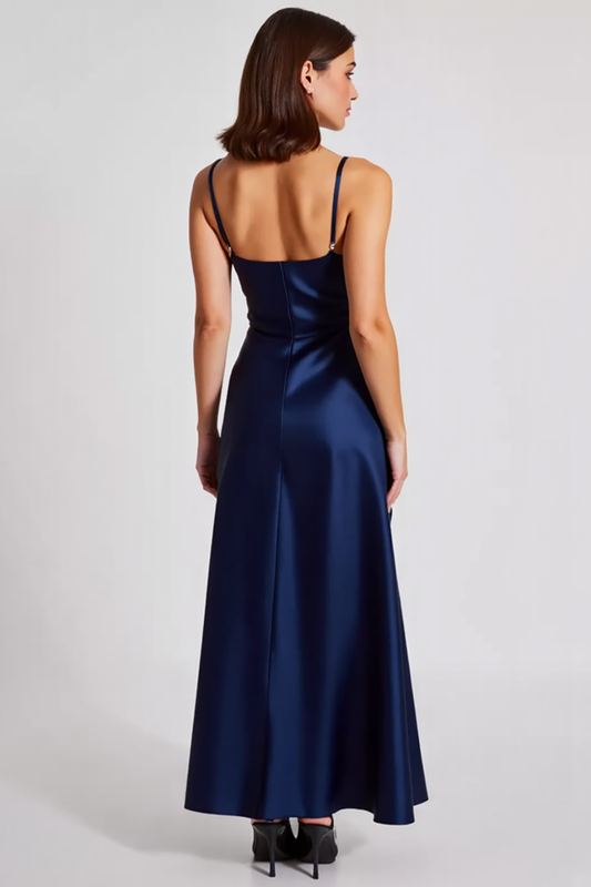 Sheath Navy Satin Spaghetti Straps Long Formal Dress