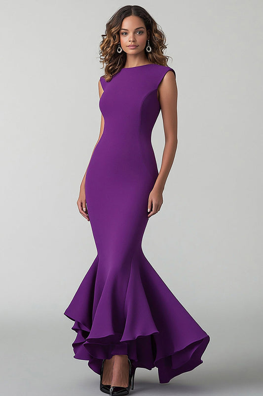 Plum Mermaid Sleeveless Round Neck Long Formal Dress