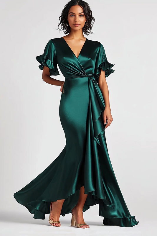 Mermaid Dark Green Long V-Neck Formal Dress with Short Sleeves