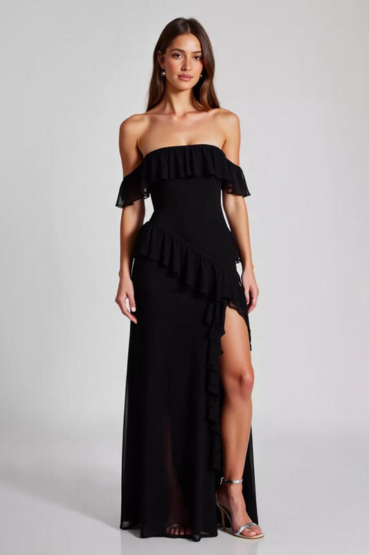 Black Backless Chiffon Square Neck Formal Dress with Slit