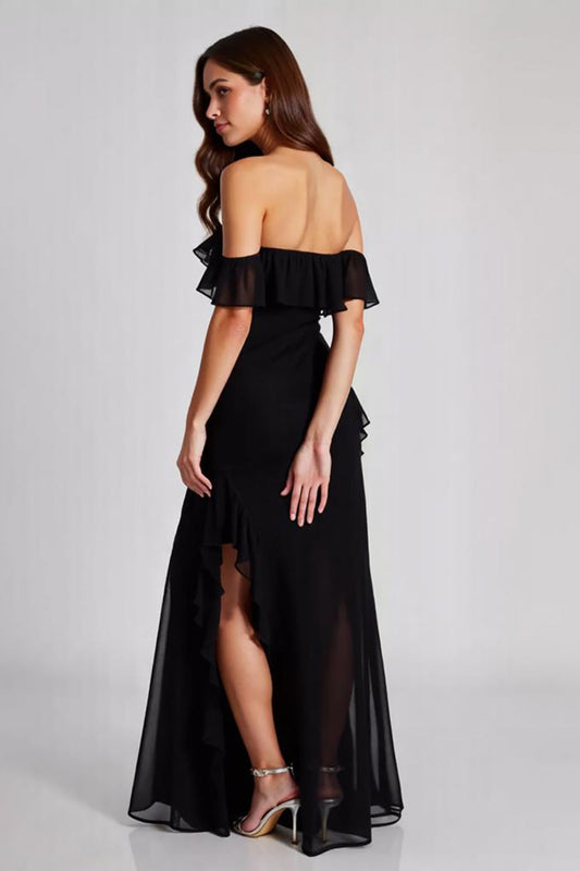 Black Backless Chiffon Square Neck Formal Dress with Slit