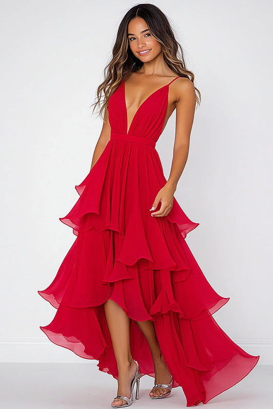 Red A Line Pleated Long Chiffon Formal Dress Deep V-Neck Tiered Asymmetrical Party Dress