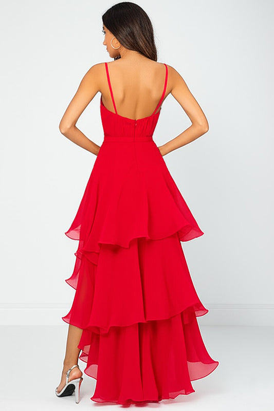 Red Deep V-Neck Pleated Long Asymmetrical Chiffon Formal Dress