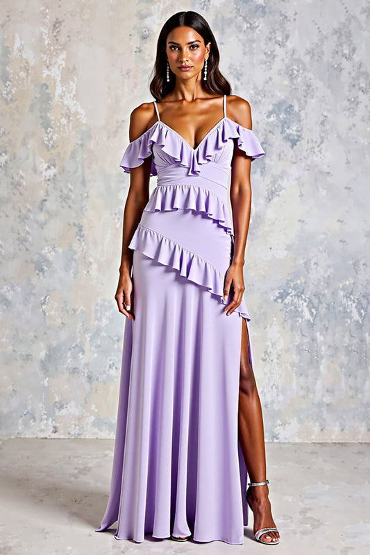 Lilac Ruffled Cold Shoulder Long Chiffon Formal Dress with Slit