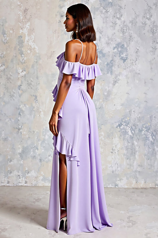 Lilac Ruffled Cold Shoulder Long Chiffon Formal Dress with Slit