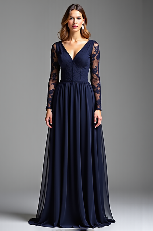 A Line Navy Chiffon Long Formal Dress with Sleeves