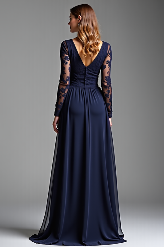 A Line Navy Chiffon Long Formal Dress with Sleeves