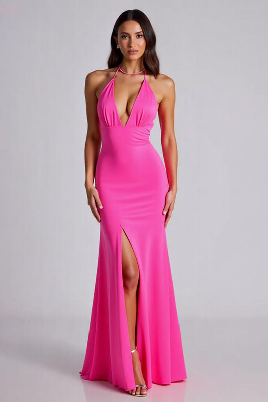 Fuchsia Deep V-Neck Satin Long Formal Dress with Slit