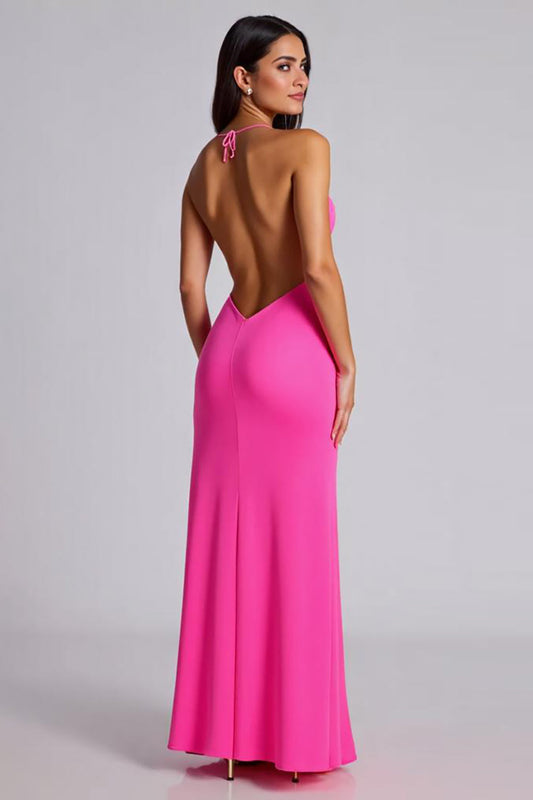 Fuchsia Deep V-Neck Satin Long Formal Dress with Slit