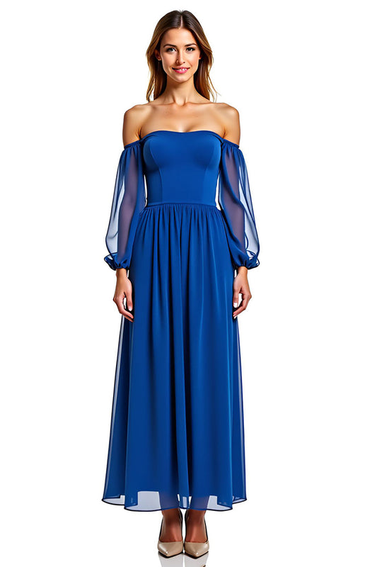 Royal Blue A Line Chiffon Long Formal Dress with Sleeves