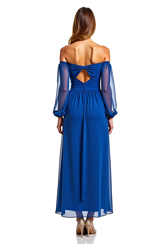 Royal Blue A Line Chiffon Long Formal Dress with Sleeves