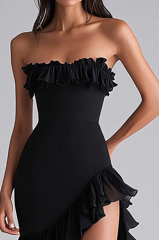Strapless Black Tiered Long Square Neck Formal Dress with Slit
