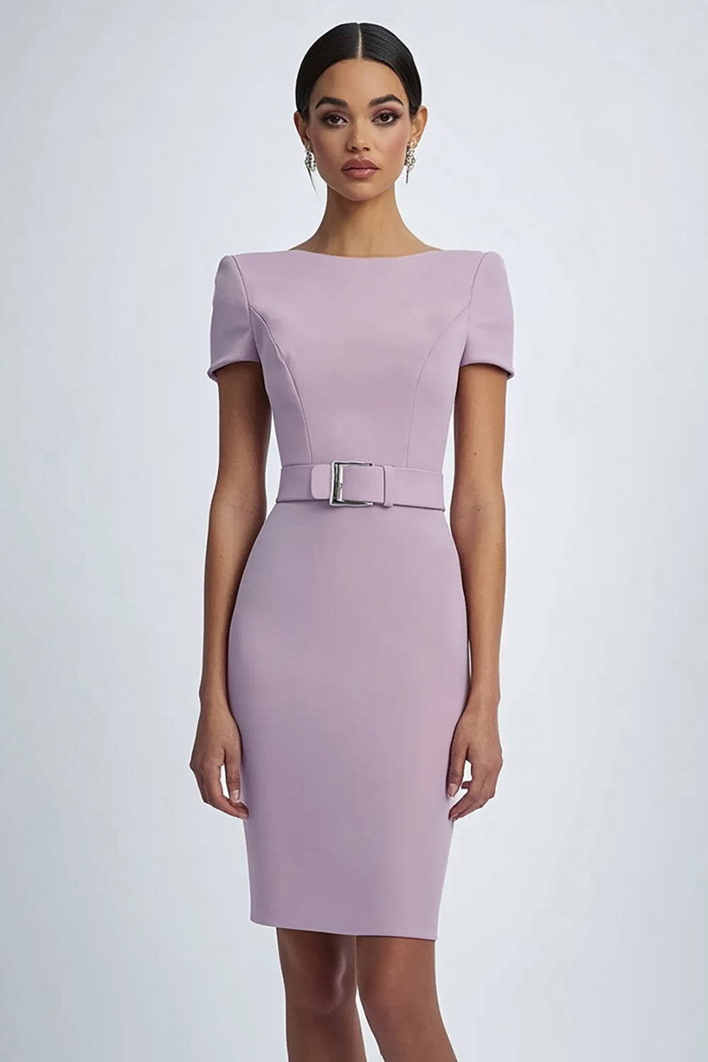 ZAPAKASA Women Lilac Simple Short Sleeves Crepe Formal Dress Sheath Knee Length Prom Dress ZAPAKASA Women Lilac Simple Short Sleeves Crepe Formal Dress Sheath Knee Length Prom Dress