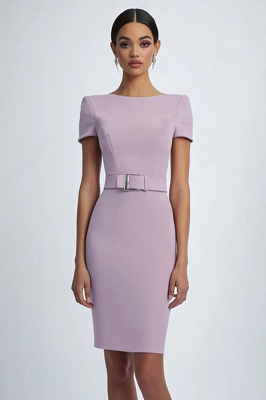Lilac Simple Sheath Knee Length Boat Neck Formal Dress