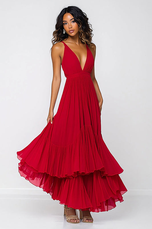 A Line Red Deep V-Neck Pleated Long Chiffon Formal Dress