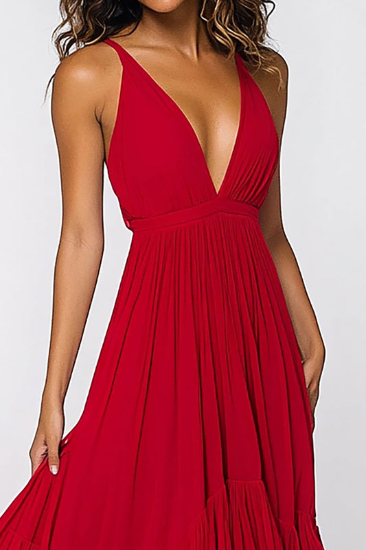 A Line Red Deep V-Neck Pleated Long Chiffon Formal Dress