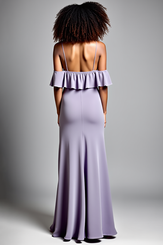 Cold Shoulder Lilac Ruffled Long Formal Dress with Slit