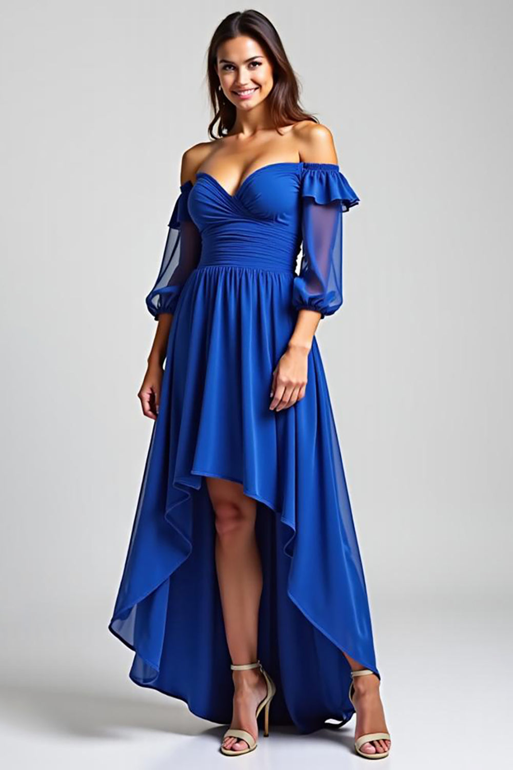 Royal Blue Off the Shoulder High-Low Formal Dress with Half Sleeves Royal Blue Off the Shoulder High-Low Formal Dress with Half Sleeves