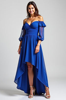 Royal Blue Off the Shoulder High-Low Formal Dress with Half Sleeves