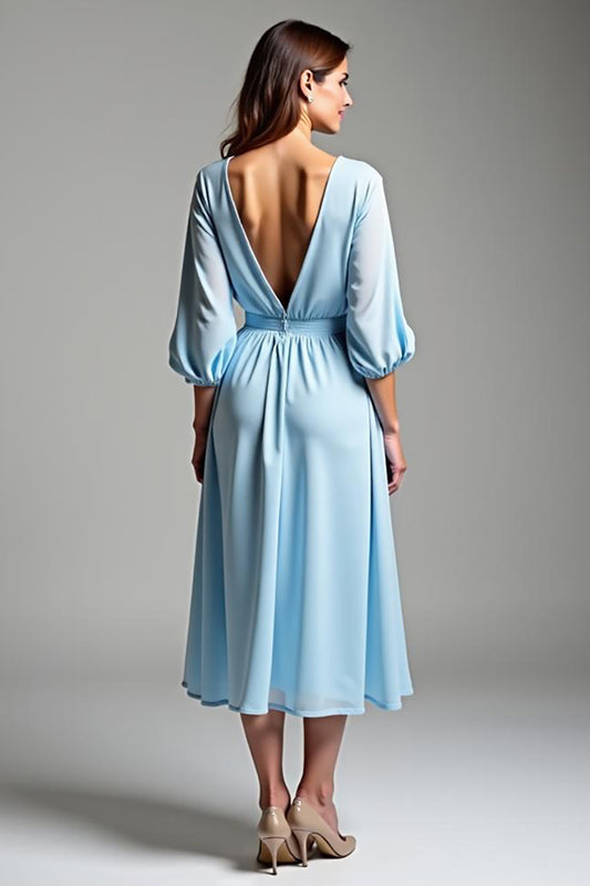 Sky Blue V-Neck Half Sleeves Knee-Length Formal Dress