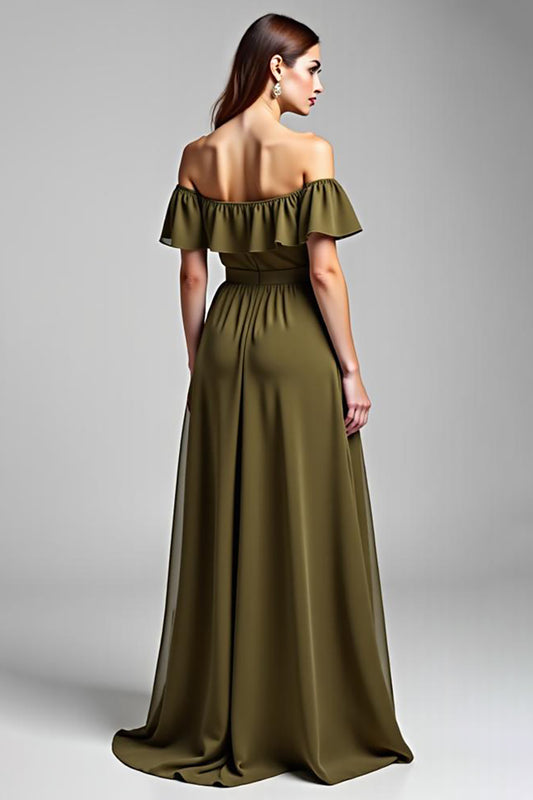 A Line Olive Chiffon Long Formal Dress with Ruffles
